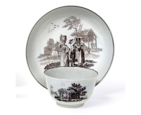 A Worcester Porcelain Tea Bowl and Saucer, circa 1765, printed in black with the Milkmaid pattern, pattern to saucer inscribe