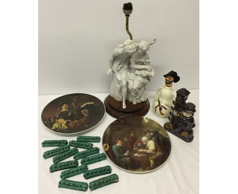 A quantity of ceramics to include 2 French decanters, 12 vintage green ceramic rope tiles - possibly knife rests (2 a/f), a v