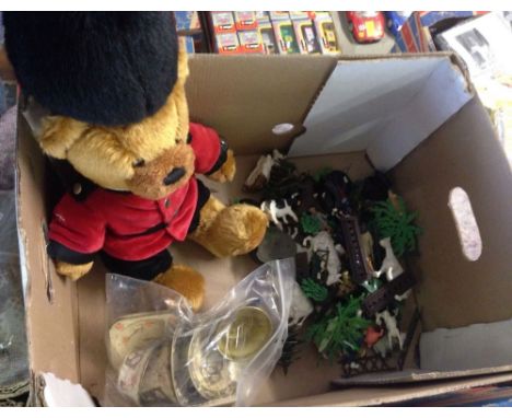 A small collection of mixed toys to include Harrods guardsman teddy bear, Britains plastic farm figures & animals and Chad Va