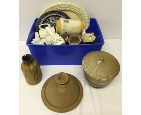 A collection of modern stoneware including a soup tureen and ladle together with a box of ceramics to include a Grindley meat