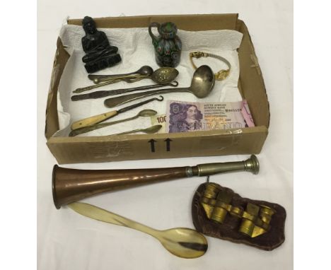 A small box of odds to include a Georgian silver mustard spoon, opera glasses, hunting horn and jade buddha.