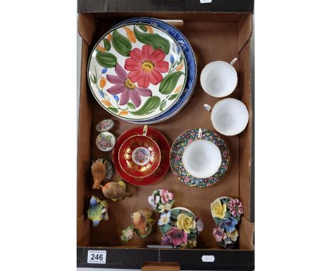 A collection of pottery including Wedgwood USA plates, Crown Staffordshire birds, Ansley & Tuscan cups & saucers, Floral fanc