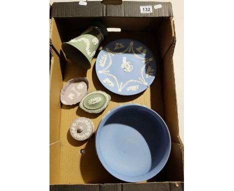 A good collection of mixed Wedgwood items including Jasper large footed bowl and plaques, Sage green vase and trinket and Lil