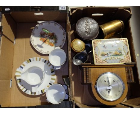 A mixed collection of items to include oak mantle clock, assorted sewing items, copper pint measure collar box, silver plate 
