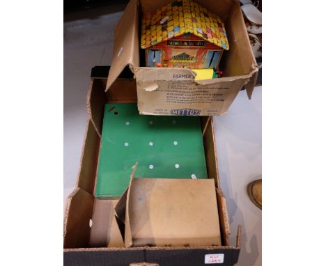 Chad Valley childs bar-billiards game, Mettoy Farmer in the Dell, Tin Plate toy and small gas mask etc 
