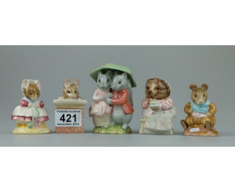 Beswick Beatrix Potter Figures Tom Thumb, Mrs Tiggywinkle takes tea, Goody and Timmy Tiptoes, The Old Woman who lived in a sh