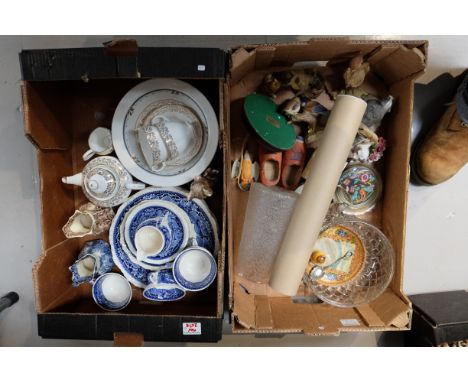 A large collection of mixed items to include Masons Willow blue and white items, Glassware, Wedgwood animals, Goebel Birds et