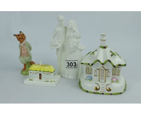 Coalport cottages The Gate House and the Village shop, Royal Doulton Bride and Groom images figure and Royal Albert Beatrix p