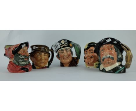 Royal Doulton small character jugs Long John Silver D6335, Capt Henry Morgan D6469, Paddy D5753, Sancho Panca D6461 and Falst