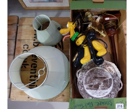 A collection of items including Pluto plastic telephone , Royal Doulton and other plates, Lamp stand & shade etc