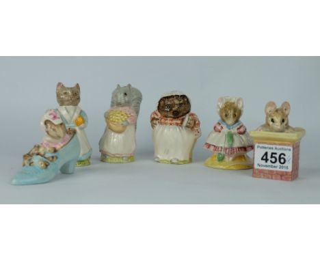 Royal Albert Beatrix Potter figures Goody Tiptoes, Tabitha Twitchit, Tom Thumb, The Old Woman Who Lived in a shoe, Mrs Tiggy 