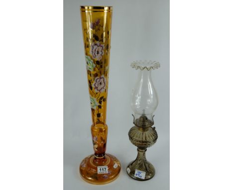 Large Victorian hand painted glass vase together with pressed glass oil lamp (2) 