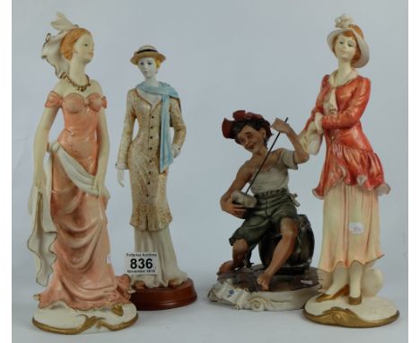 Heavy continental resin figures of ladies and a capodimonte figure of a boy playing a drum (4) 