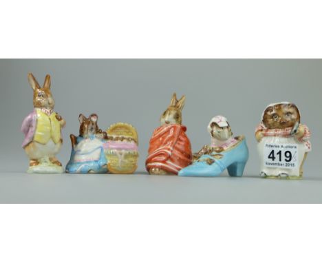 Beswick Beatrix Potter Figures The Old Woman who lived in a shoe, Hunca Munca, Mrs Tiggywinkle, Poorly Peter Rabbit and Mr Be