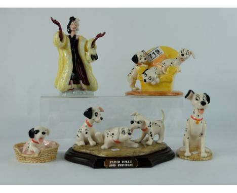 A collection of Royal Doulton Dalmatians from the Walt Disney collection to include Pongo DM6, Patch in Basket DM9, Pups in t