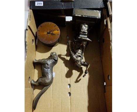 A collection of mixed metalware item to include Brass presentation statue of Blacksmith, trench art mantle clock and reproduc