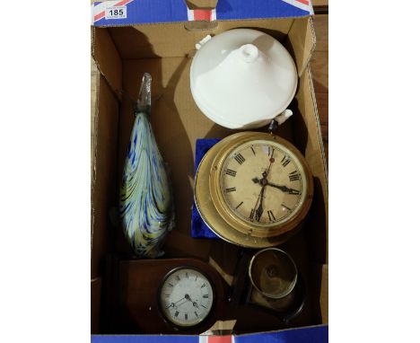 A collection of items to include Magneta electric wall clock, two small mantle clocks, glass fish, silver plated goblets and 