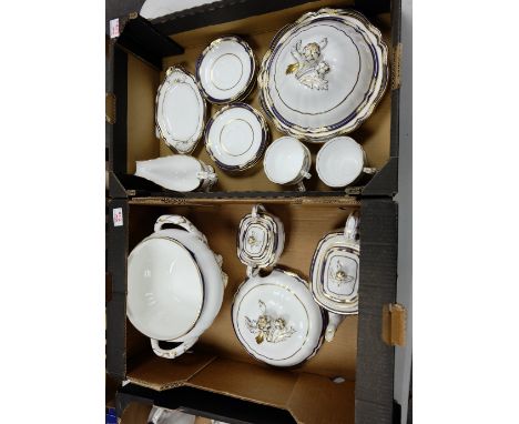 A large collection of Spode Chancellor cobolt dinnerware to include tureens, teapot, covered vegetable bowl, gravy boat etc (