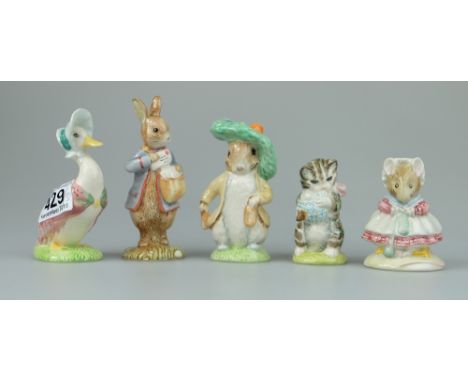 Royal Albert Beatrix Potter figures Peter with Postbag, Benjamin Bunny, The Old woman who lived in a shoe knitting, Jemima Pu