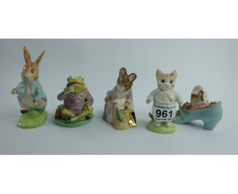 A collection of Beswick Beatrix Potter figures to include Peter Rabbit, Tom Kitten and Hunca Munca Sweeping all BP9b with gol