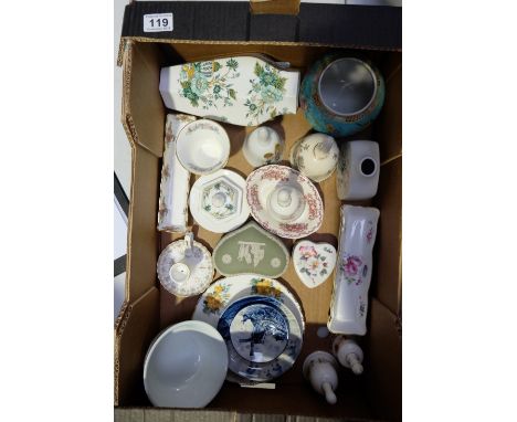 A collection of mixed items to include Crown Staffs lidded vase, Delft items, Oriental bowl, Royal Albert and Coalport bon bo