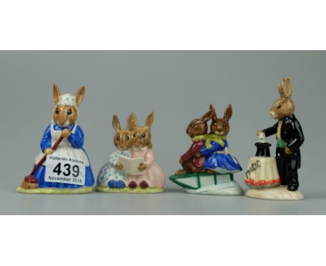 Royal Doulton Bunnykins figures to include Clean Sweep DB6, Storytime DB9, Sleighride DB4 and The Magician DB159 (4)