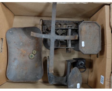 Large cast iron shop scales and shoe anvil 