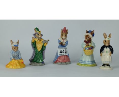 Royal Doulton Bunnykins figures to include Sundial DB213 (with cert), Mrs Bunnykins at the Easter Parade DB19, Mystic DB197, 