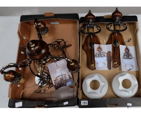 Reproduction continental style ceiling lamp with pair of matching wall lamps in wood with glass shades (3)