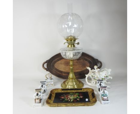 Two shelves to include a Victorian oil lamp, to include glass flue and etched decorated shade, together with a collection of 