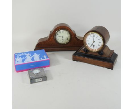A walnut and inlaid mantel clock, together with another and a Wedgwood clock
