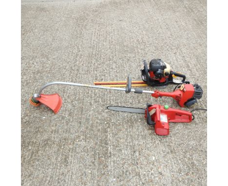 A garden strimmer, together with a Homelite hedge trimmer,  McCulloch chainsaw and an engine