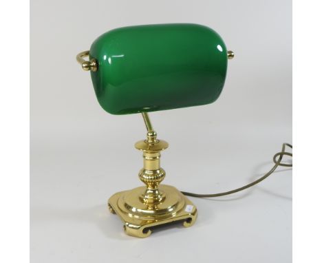 A brass desk lamp, with a green glass shade, 26cm
