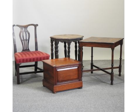 A 19th century mahogany commode stool, together with a 19th century dining chair, with a red upholstered seat, a square oak o