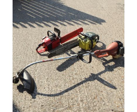 A petrol chainsaw, together with a petrol strimmer and a chainsaw