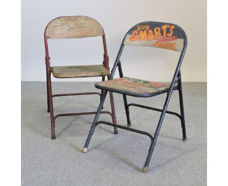 A vintage style painted metal folding chair, together with another