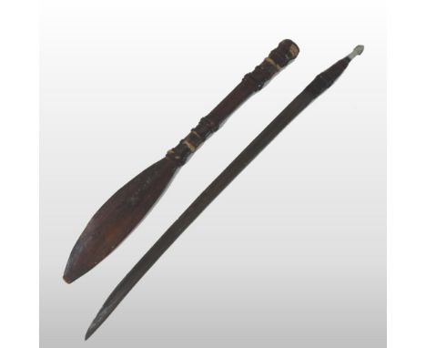 A late 19th/early 20th century African sword, with a steel blade, in a leather scabbard, 82cm