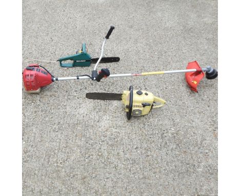A Sovereign garden strimmer, together with a chainsaw and a Black Decker electric chainsaw
