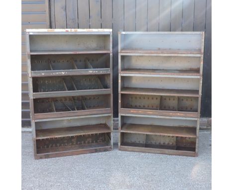 A pair of grey painted vintage metal workshop shelves, 91cm