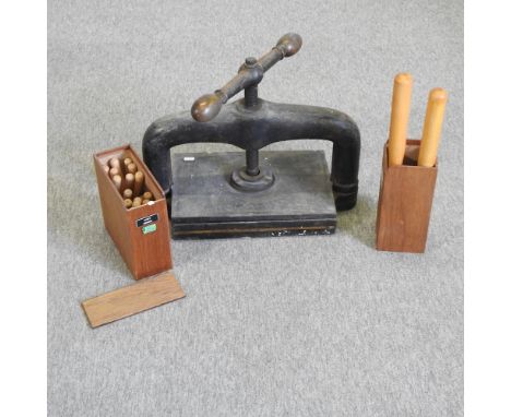 A 19th century book press, 50cm, with tools
