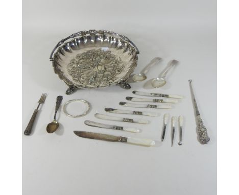 A silver and gold bangle, together a silver spoon and other silver plated items