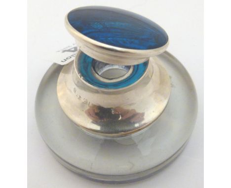 SILVER INKWELL. Silver inkwell with enamel cap