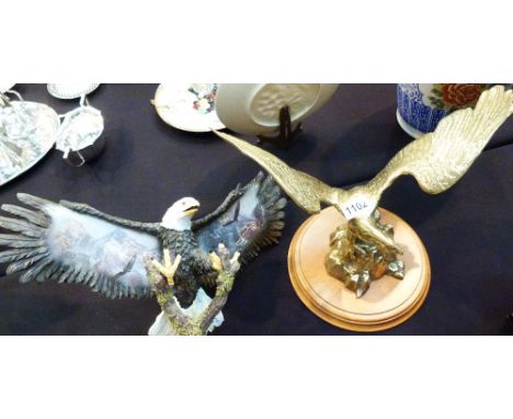 EAGLE FIGURES. American bald eagle ceramic wall hanging and a brass eagle on wood plinth