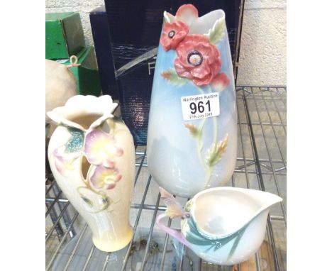 MIXED CERAMICS. Franz ceramic small poppy vase, sweetpea vase and a butterfly cream jug