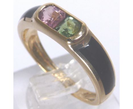 9 K TOURMALINE RING. Green and pink tourmaline 9 K ring size N/O