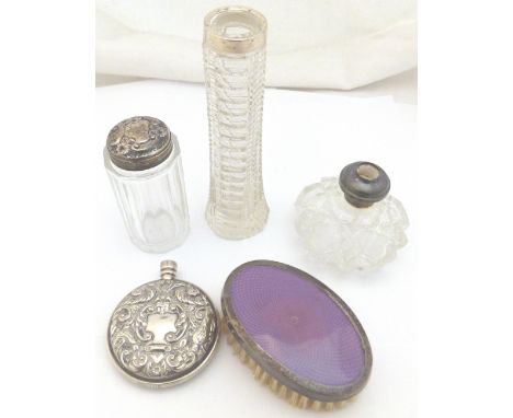 GLASS AND SILVER ITEMS. Five glass and silver items including perfume bottles, small flask, brush etc