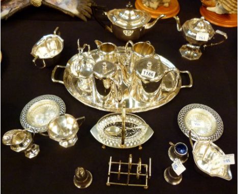 SILVER TEA SERVICE AND TRAY. Quantity of silver plated tea service items and a tray