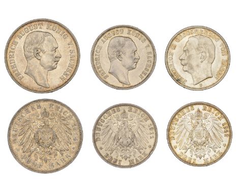 Germany, BADEN, Friedrich II, 3 Marks, 1912g (KM. 280); SAXONY, Friedrich August III, 5 Marks, 1914e, 3 Marks, 1911e (KM. 126