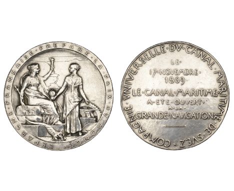 FRANCE, Compagnie Universelle du Canal Maritime de Suez, 1888, a silver medal by L.-O. Roty, seated figure of La France holdi