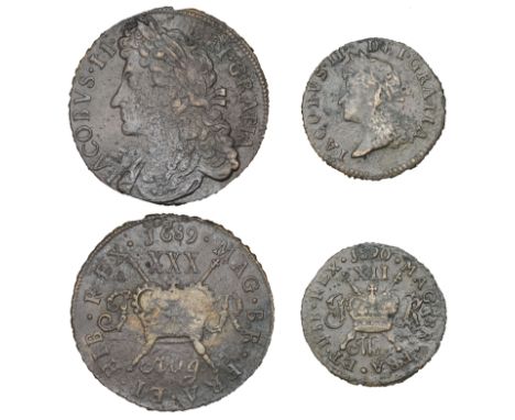 Ireland, James II, Gunmoney coinage, Halfcrown, 1689 aug :, 14.75g/12h, Shilling, 1689 may, 4.07g/12h (Withers July 3/13, 5/6